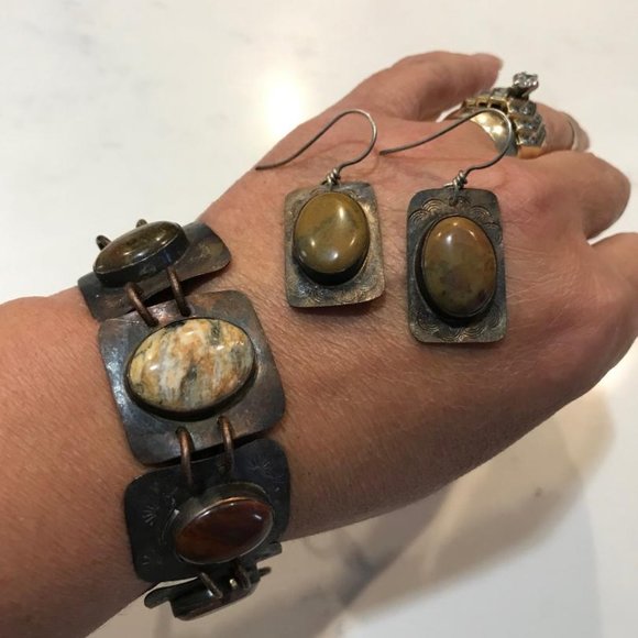 Copper Panel Bracelet  & Earrings Set with Natural Stone Cabochons - Picture 6 of 7